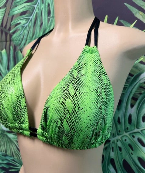 FINAL SALE Lolita Double String Bikini Top Neon Green Black Anaconda