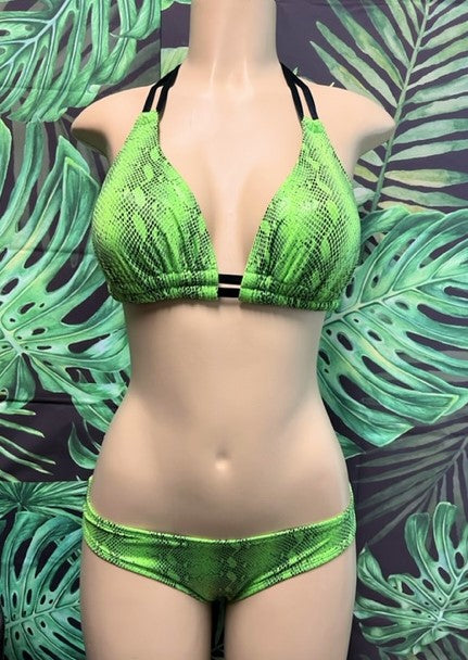 FINAL SALE Lolita Double String Bikini Top Neon Green Black Anaconda