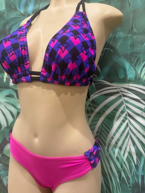 Tonga Bikini Bottoms Pink with Designer LV Pink Purple Plaid sides