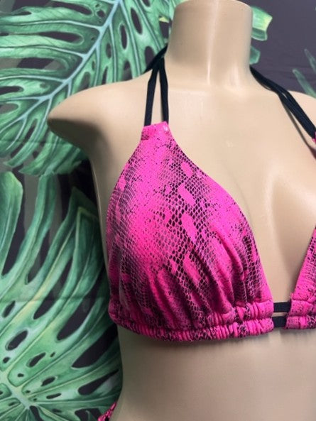 FINAL SALE Lolita Double String Bikini Top Hot Pink Black Anaconda