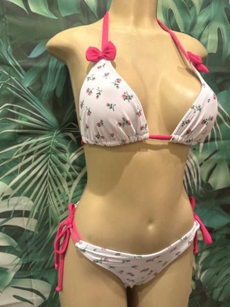 Cabo Tie Side Bottoms Cherry Blossom Pink Flowers Ribbed with Bow