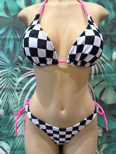 Bimini Thong To Tie Bottoms in Nascar Flag with Neon Pink Bow