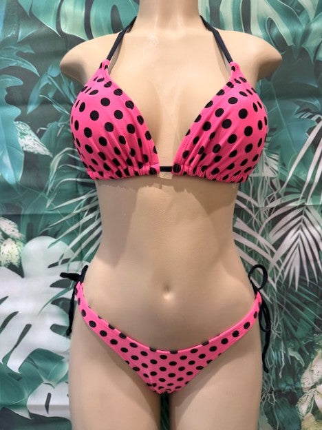 Bimini Thong To Tie Bottoms in Neon Pink and Black Polka Dots with Bow