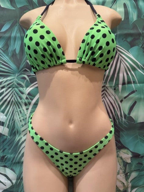 Bimini Thong Bottoms Neon Green and Black Polka Dots with Bow