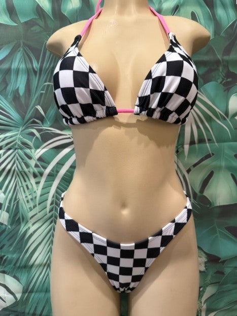 Bimini Thong Bottoms Nascar Flag with Neon Pink Bow