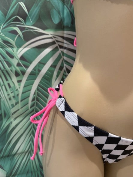 Bimini Thong To Tie Bottoms in Nascar Flag with Neon Pink Bow