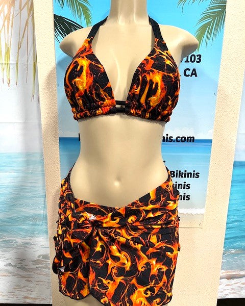 Wrap Skirt Cover Up Sarong Black and Orange Flames