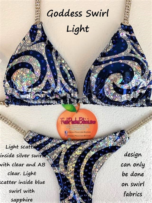 Blue Silver Goddess Swirl Light Scatter Crystal Design Competition Bikini SET Pro Top and Fever Pro Bottoms