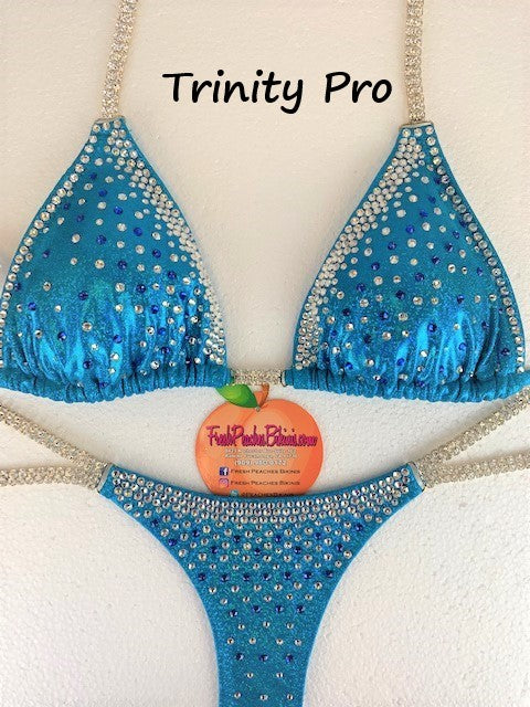 Trinity Crystal Design on Turquoise Sparkle Competition Bikini SET Pro Top and Fever Pro Bottoms