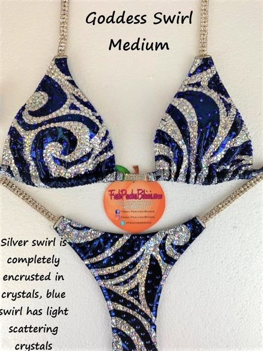 Blue Silver Goddess Swirl Crystal Design Competition Bikini SET Pro Top and Fever Pro Bottoms