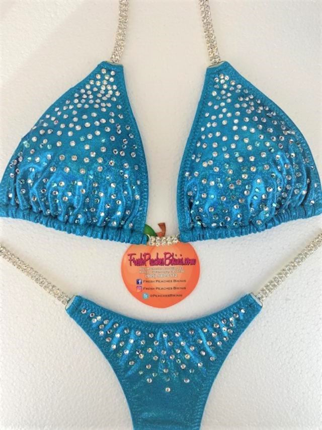 Nova Crystal Design on Turquoise Sparkle Competition Bikini SET Pro Top and Fever Pro Bottoms