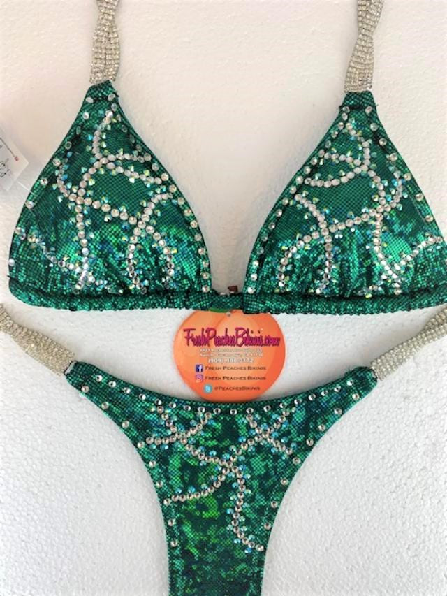 Fireworks Crystal Design on Emerald Broken Glass Competition Bikini SET Pro Top and Butterfly Pro Bottoms