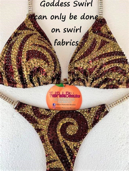 Burgundy and Gold Goddess Swirl Crystal Design Competition Bikini SET Pro Top and Fever Pro Bottoms