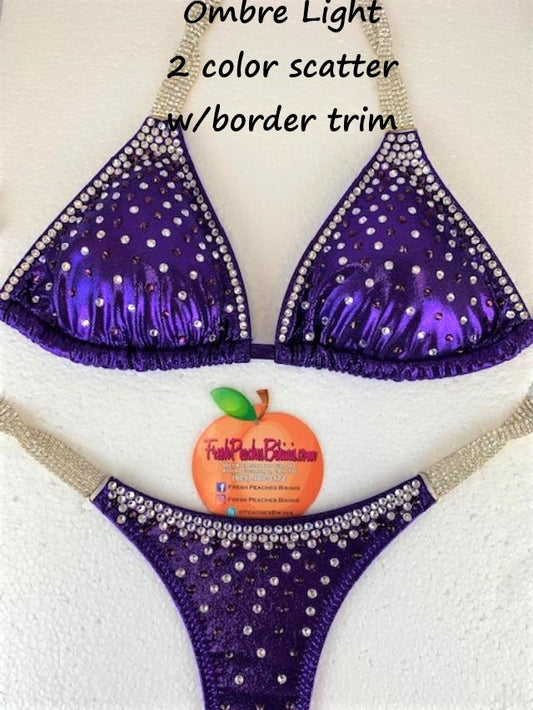 Purple with Ombre Light with Border Crystal Design Competition Bikini SET Pro Top and Fever Pro Bottoms