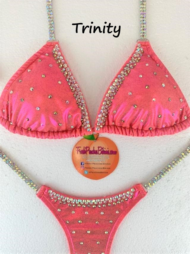 Trinity Mid Crystal Design on Coral Metallic Competition Bikini SET Pro Top and Fever Pro Bottoms