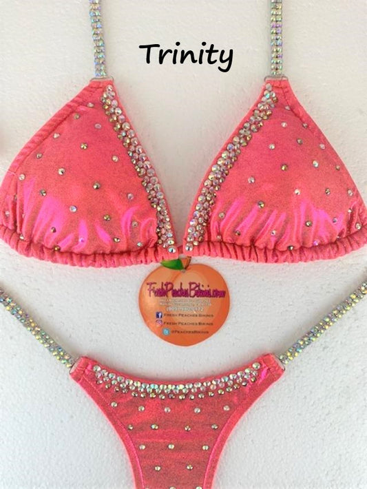 Trinity Mid Crystal Design on Coral Metallic Competition Bikini SET Pro Top and Fever Pro Bottoms