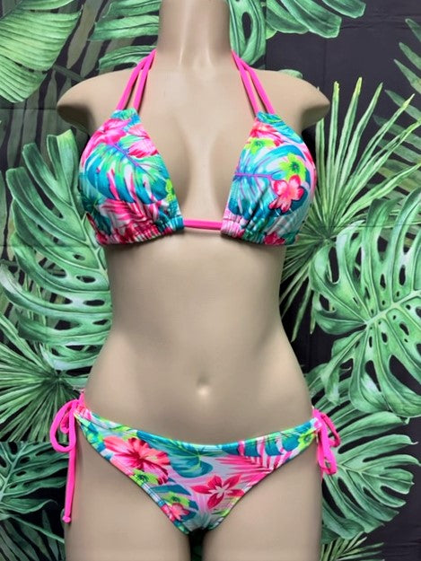 Cabo Tie Side Bottoms Neon Pink Tropical