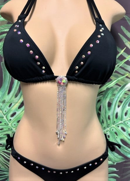 Layla Crystal Bikini Top Black with Clear AB crystals & Center Piece