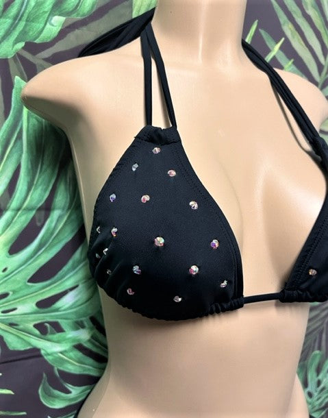 Layla Crystal Scatter Bikini Top Black with Clear AB crystals