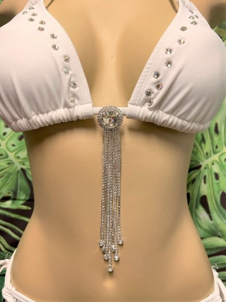 Layla Crystal Bikini Top White with Clear Crystals with Center Piece