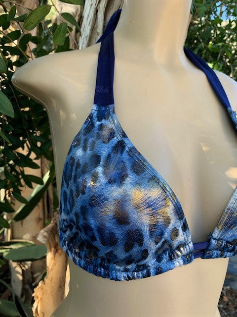 Lola Double String Bikini Top Blue Gold Leopard