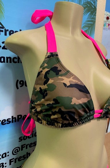 Lola Double String Bikini Top Army Camouflage with Hot Pink