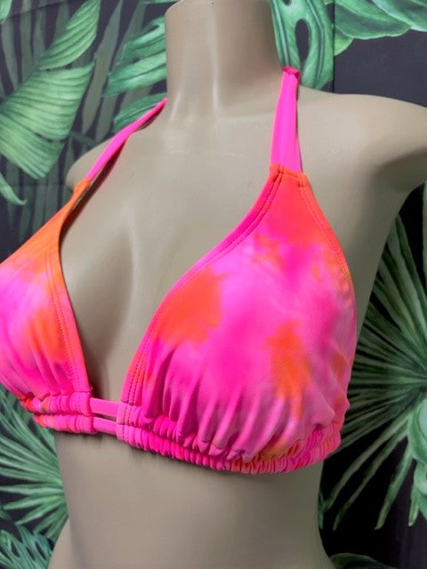 Lola Double String Bikini Top Neon Pink Orange Tie Dye