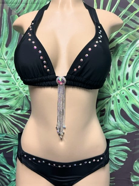 BLING D-G cup Lola Double String Top Black with Double Row AB Crystals and Center Piece