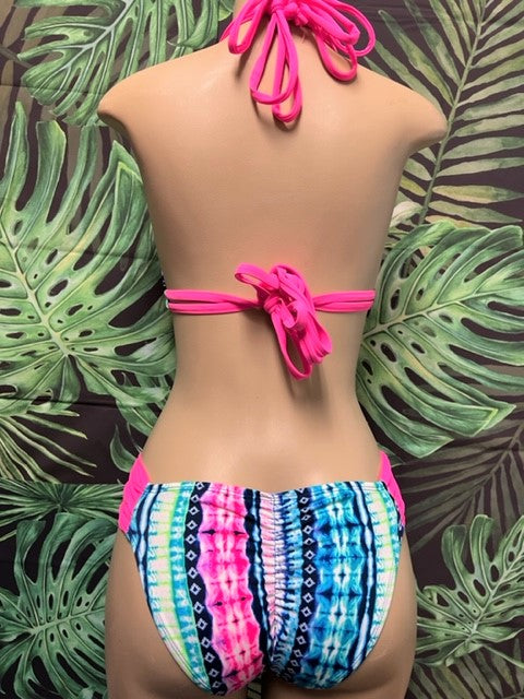 Lola Double String Bikini Top Turquoise Pink Tie Dye